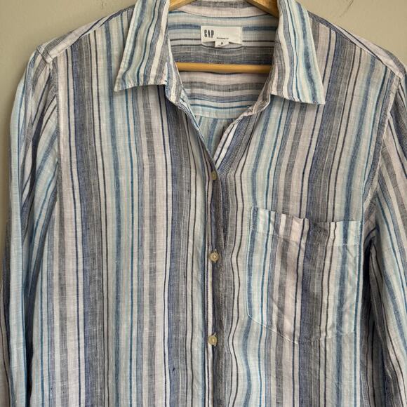 GAP Women's 100% Linen Top Size Small Striped Beachy Coastal Scandi Girl - Picture 3 of 13